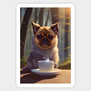 Cute Pug with a mug cup of morning coffee Sticker